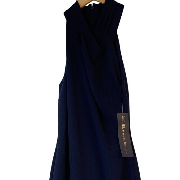 NWT Rachel Roy Navy XS Halter Dress Pleat High Neck Rear Slit Fully Lined 10015 - Picture 7 of 12
